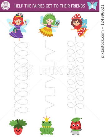 Vector handwriting practice worksheet with woodland fairies, friends. Printable activity for preschool kids with cute girls. Fairyland tracing game for writing skills with berry, frog, mushroom 124996021