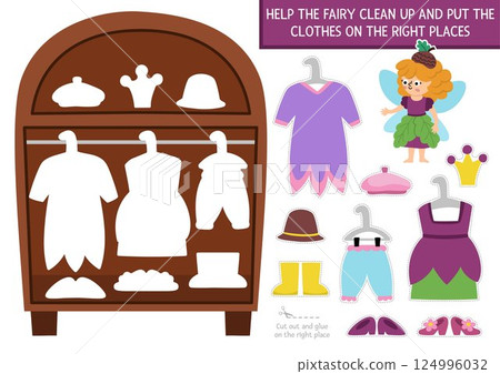 Vector woodland fairy cut and glue activity with wardrobe, missing clothes. Crafting game with cute princess dress, pants, shoes in closet. Find right piece of puzzle. Complete picture 124996032