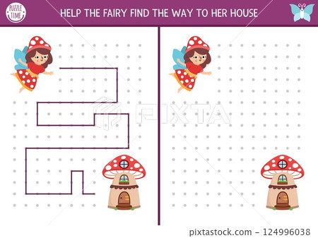 Fairyland drawing, writing, tracing, space orientation activity for kids with mushroom fairy searching house. Draw line in box according example. Preschool woodland printable game, puzzle 124996038