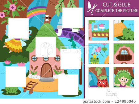 Vector fairyland cut and glue activity. Woodland fairy crafting game with magic forest landscape, house, marsh. Fill up the scene with square sticker. Find the right piece of puzzle. Complete the 124996040