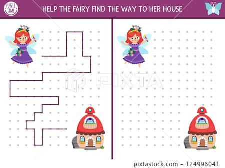 Fairyland drawing, writing, tracing, space orientation activity for kids with berry fairy searching house. Draw line in box according example. Preschool woodland printable game, puzzle 124996041