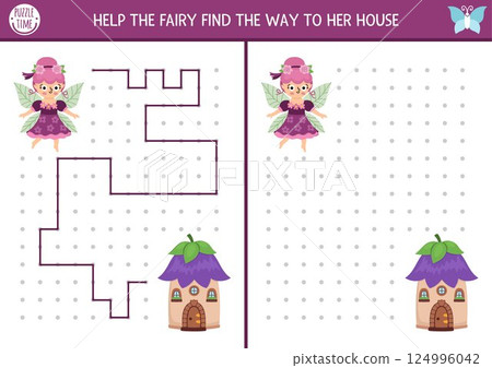 Fairyland drawing, writing, tracing, space orientation activity for kids with flower fairy searching house. Draw line in box according example. Preschool woodland printable game, puzzle 124996042