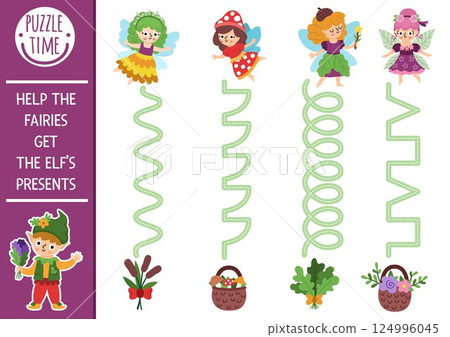 Vector handwriting practice worksheet with woodland fairies and elf presents. Printable activity for preschool kids with cute girls. Fairyland tracing game for writing skills with gifts 124996045