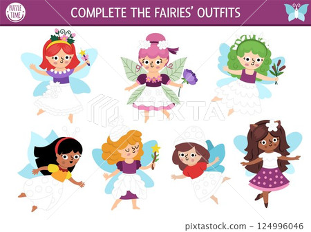 Fairyland drawing, writing, tracing and coloring activity for kids with cute woodland fairies and their dresses. Fantasy forest preschool printable activity, game, handwriting practice puzzle Fairyland drawing, writing, tracing and coloring activity for kids with cute woodland fairies and their dresses. Fantasy forest preschool printable activity, game, handwriting practice puzzle 124996046