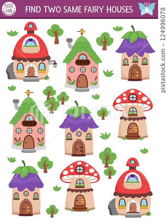 Find two same fairy houses. Fairyland matching activity for children. Magic garden, forest, fairy educational quiz worksheet for kids with flower, mushroom, acorn homes. Printable game Find two same fairy houses. Fairyland matching activity for children. Magic garden, forest, fairy educational quiz worksheet for kids with flower, mushroom, acorn homes. Printable game 124996078