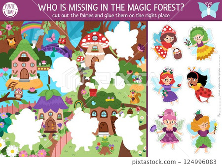 Vector woodland fairy cut and glue activity. Crafting game with cute fairyland or magic forest landscape. Fun printable worksheet for children. Find the right piece of the puzzle. Complete the 124996083