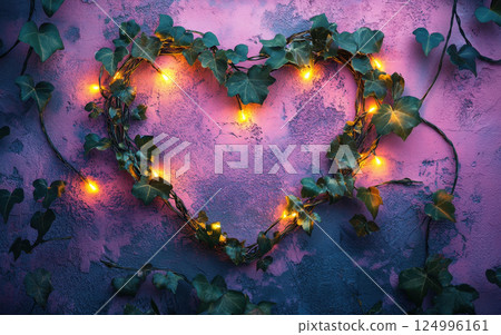 heart frame crafted with glowing fairy lights and ivy leaves creates romantic atmosphere against textured purple wall. This enchanting display adds warmth and charm to any space 124996161