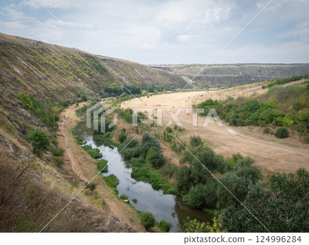 Dry landscape with valley and river flowing through it, Moldova, Europe Dry landscape with valley and river flowing through it, Moldova, Europe 124996284