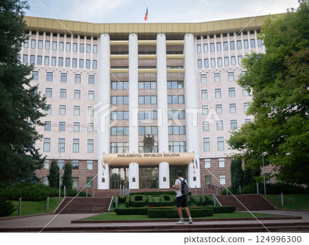 Man standing in front of parliament building in the city center, Chisinau, Moldova, Europe Man standing in front of parliament building in the city center, Chisinau, Moldova, Europe 124996300
