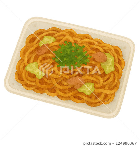 Watercolor illustration of a package of fried udon noodles 124996367