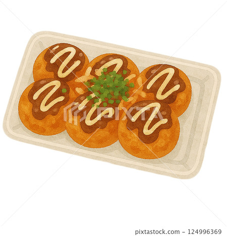 Watercolor illustration of a pack of takoyaki (6 pieces) 124996369