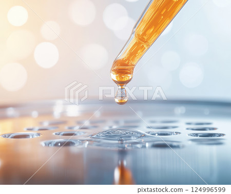Close up of pipette tip ejecting droplet of liquid onto surface, showcasing precision and clarity in laboratory setting. background features soft bokeh lights 124996599