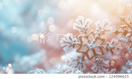Delicate snowflakes on soft pastel gradient background create serene winter atmosphere, evoking feelings of tranquility and beauty 124996625