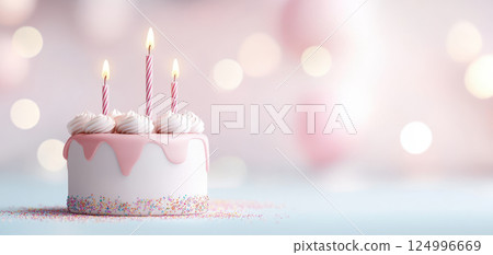beautiful birthday cake with pink icing, three candles, and sprinkles, perfect for celebrations. soft gradient background adds festive touch to scene beautiful birthday cake with pink icing, three candles, and sprinkles, perfect for celebrations. soft gradient background adds festive touch to scene 124996669
