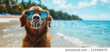 Golden Retriever wearing heart shaped sunglasses by beach, enjoying sunny day. vibrant ocean and palm trees create joyful atmosphere 124996670