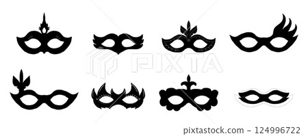 Mask vintage silhouette carnival masque, face mystery costume for ball, party or masquerade. Set simple costume. 124996722