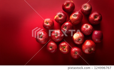 紅蘋果和紅色背景的鳥瞰圖 124996767