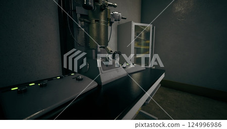 Laboratory equipment in a sterile environment with various instruments present 124996986