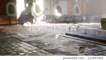 Restroom floor with tiles and urinals in a dimly lit atmosphere Restroom floor with tiles and urinals in a dimly lit atmosphere 124997001