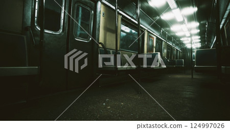 Abandoned subway train interior illuminated with dim overhead lights Abandoned subway train interior illuminated with dim overhead lights 124997026