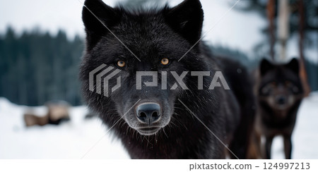 black wolf stares intently in snowy forest, with another wolf in background 124997213