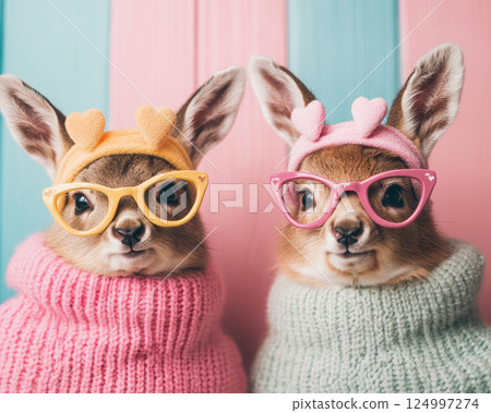 Adorable animal pair wearing colorful sweaters and glasses, smiling warmly. This charming image captures essence of friendship and joy, perfect for Valentine Day or any occasion celebrating love 124997274