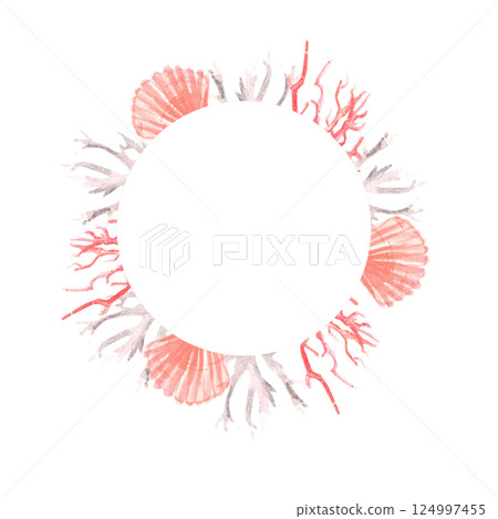 Round watercolor frame made of corals and shells 124997455
