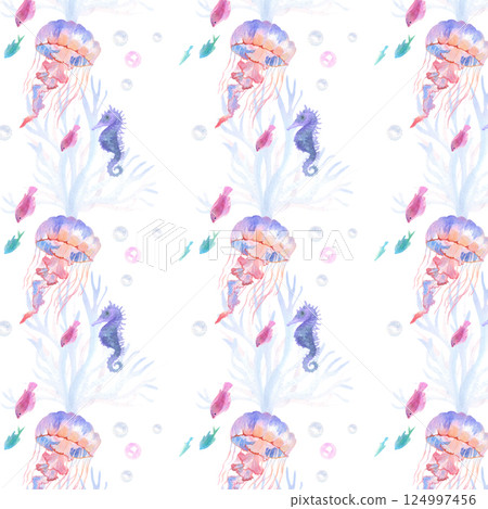 Delicate watercolor pattern with blue jellyfish Delicate watercolor pattern with blue jellyfish 124997456