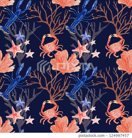 Watercolor seamless pattern with sea creatures. 124997457