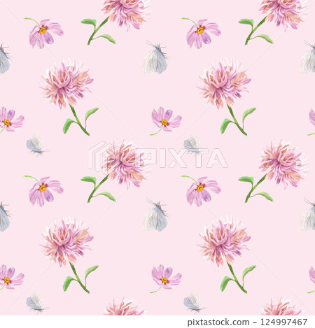 Seamless watercolor pattern with asters. 124997467
