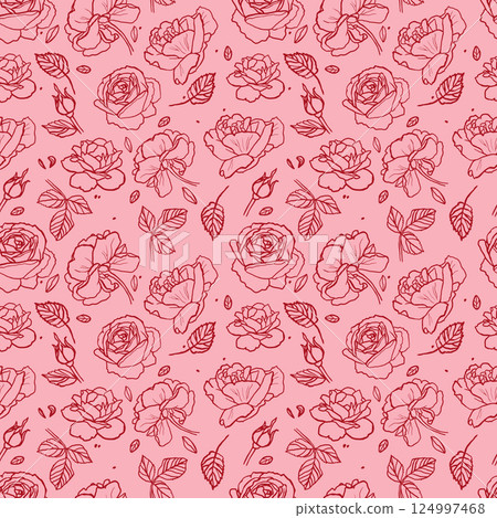 Vector pattern with red roses on a pink background Vector pattern with red roses on a pink background 124997468