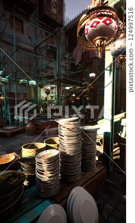 Stack of Plates in Old Oriental Market Stack of Plates in Old Oriental Market 124997516