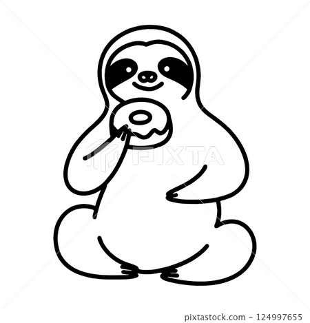 A simple hand-drawn line drawing of a sloth sitting and eating a donut as a snack, cut out on a transparent background 124997655