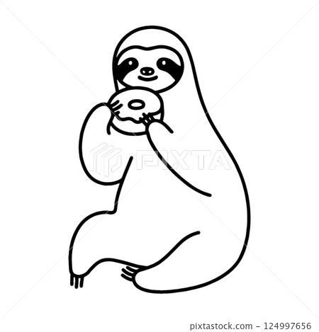 A simple hand-drawn line drawing of a sloth sitting and eating a donut as a snack, cut out on a transparent background 124997656