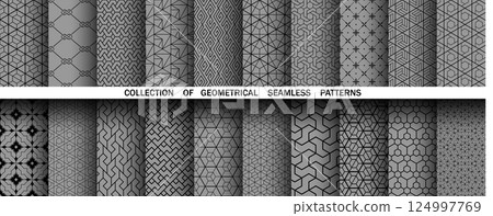 Geometric set of seamless black and gray patterns. Simple vector graphics 124997769