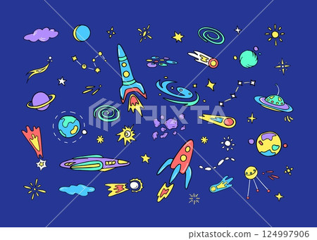 Space travel, fun colored doodles 124997906