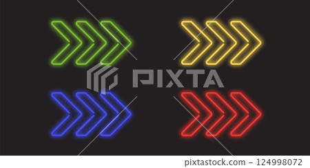 Vector set of colorful glowing neon arrows on black background. Colored pointers. Bright retro light symbol. Emblem for club or bar. Light arrow banner. Decoration on wall and template covering Vector set of colorful glowing neon arrows on black background. Colored pointers. Bright retro light symbol. Emblem for club or bar. Light arrow banner. Decoration on wall and template covering 124998072