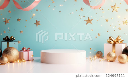 minimalist white podium is surrounded by festive decorations, including colorful gift boxes, shiny ornaments, and sparkling stars, creating joyful atmosphere for celebrations 124998111