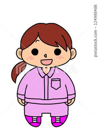 A woman with a ponytail wearing pink work clothes 124998486