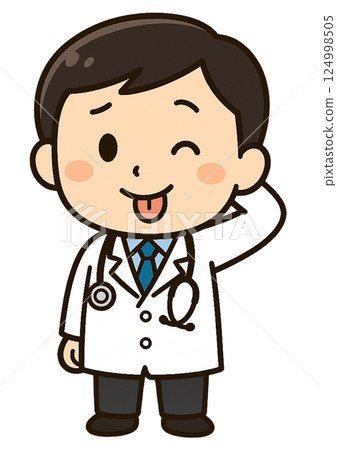 一位身穿白大褂、戴著聽診器的男醫生伸出舌頭，表情俏皮 124998505