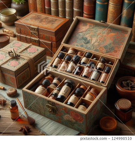 Antique essential oils stored in wooden boxes! Organic and natural 124998510