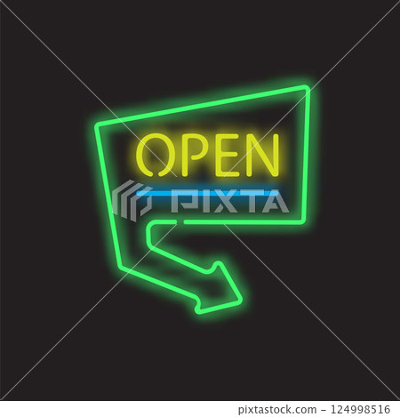 Vector colorful glowing frame. Neon arrow on black background. Colored pointer. Bright retro light symbol. Open emblem for club or bar. Light arrow banner. Decoration on wall and template covering 124998516