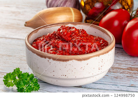 Bulgarian traditional lutenica pepper sauce Bulgarian traditional lutenica pepper sauce 124998750