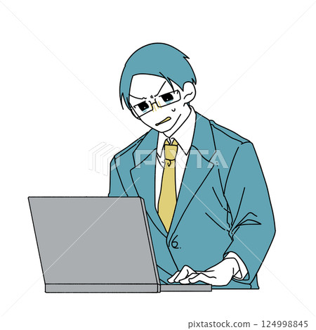 一位戴著眼鏡的嚴肅的男辦公室職員,在使用筆記型電腦後精疲力盡 一位戴著眼鏡的嚴肅的男辦公室職員,在使用筆記型電腦後精疲力盡 124998845