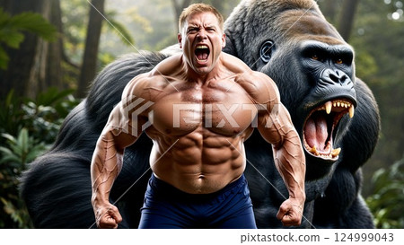 Beast mode concept: A muscular man roaring wildly Beast mode concept: A muscular man roaring wildly 124999043
