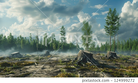 A Photorealistic Scene Depicting A Once-Lush Forest 124999272