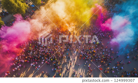 Aerial View Of A Large Holi Festival Aerial View Of A Large Holi Festival 124999307