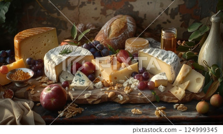 Board featuring a variety of artisan cheeses 124999345