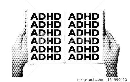 Halftone Illustration of Hands Holding an Open Book with the Text ADHD on the Pages 124999410