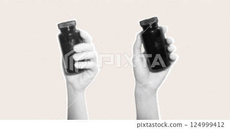 Two hands holding black bottles in halftone effect. Minimalist black and white graphic design for posters and print materials Two hands holding black bottles in halftone effect. Minimalist black and white graphic design for posters and print materials 124999412
